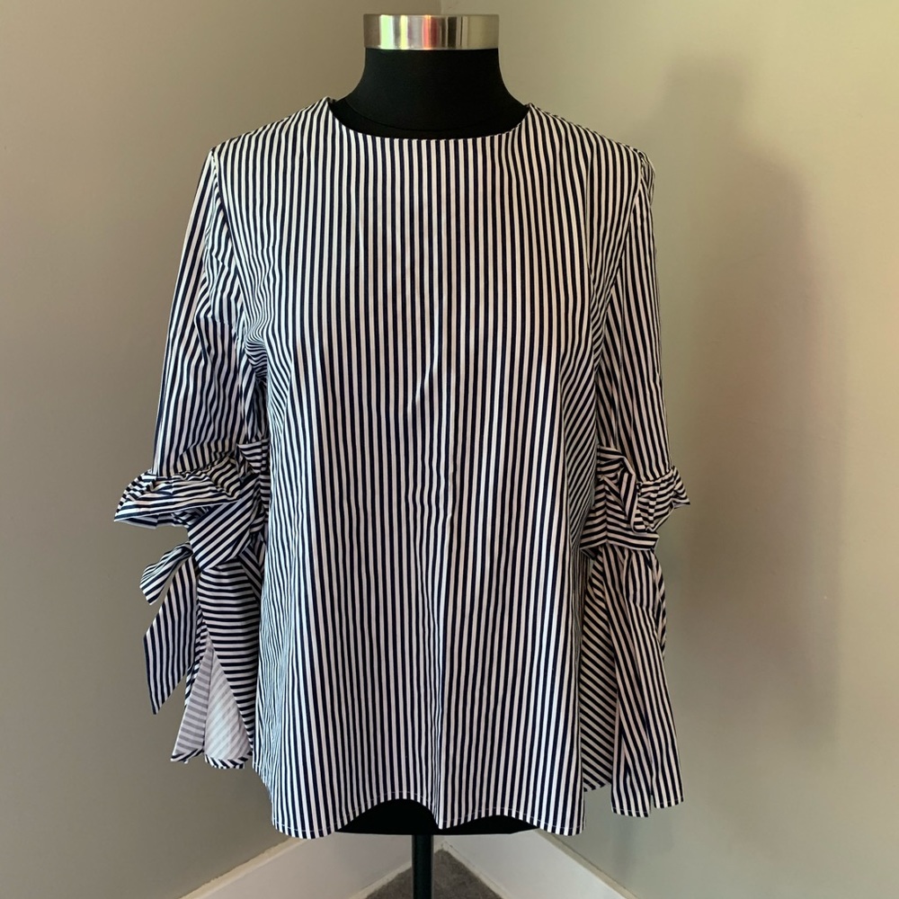 Navy & White Pinstripe Ruffle Bow Tie Sleeve Back Zip Cotton Blouse